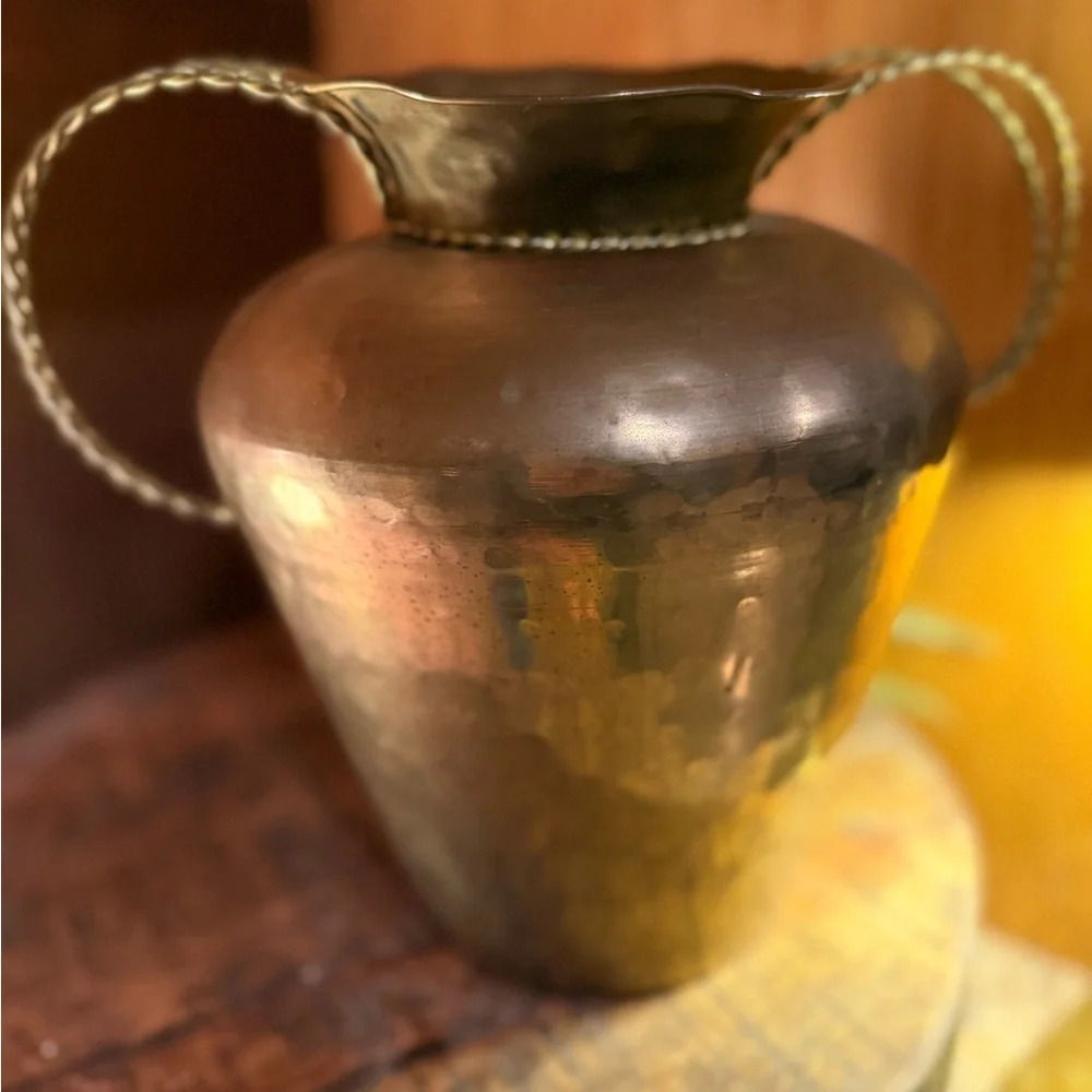 Vintage Brass Vase Featuring A Scalloped Rim And Twisted Rope-Style Handles.